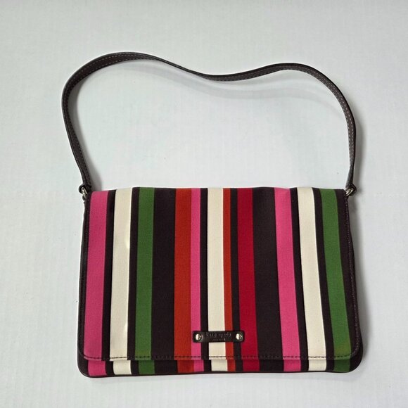 Kate Spade Rainbow Stripe Canvas Flap & Brown Leather Shoulder Bag Preppy Y2K - Picture 1 of 12